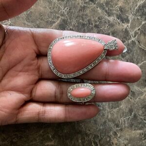 Avon Coral and Silver Pendant and adjustable Ring Set